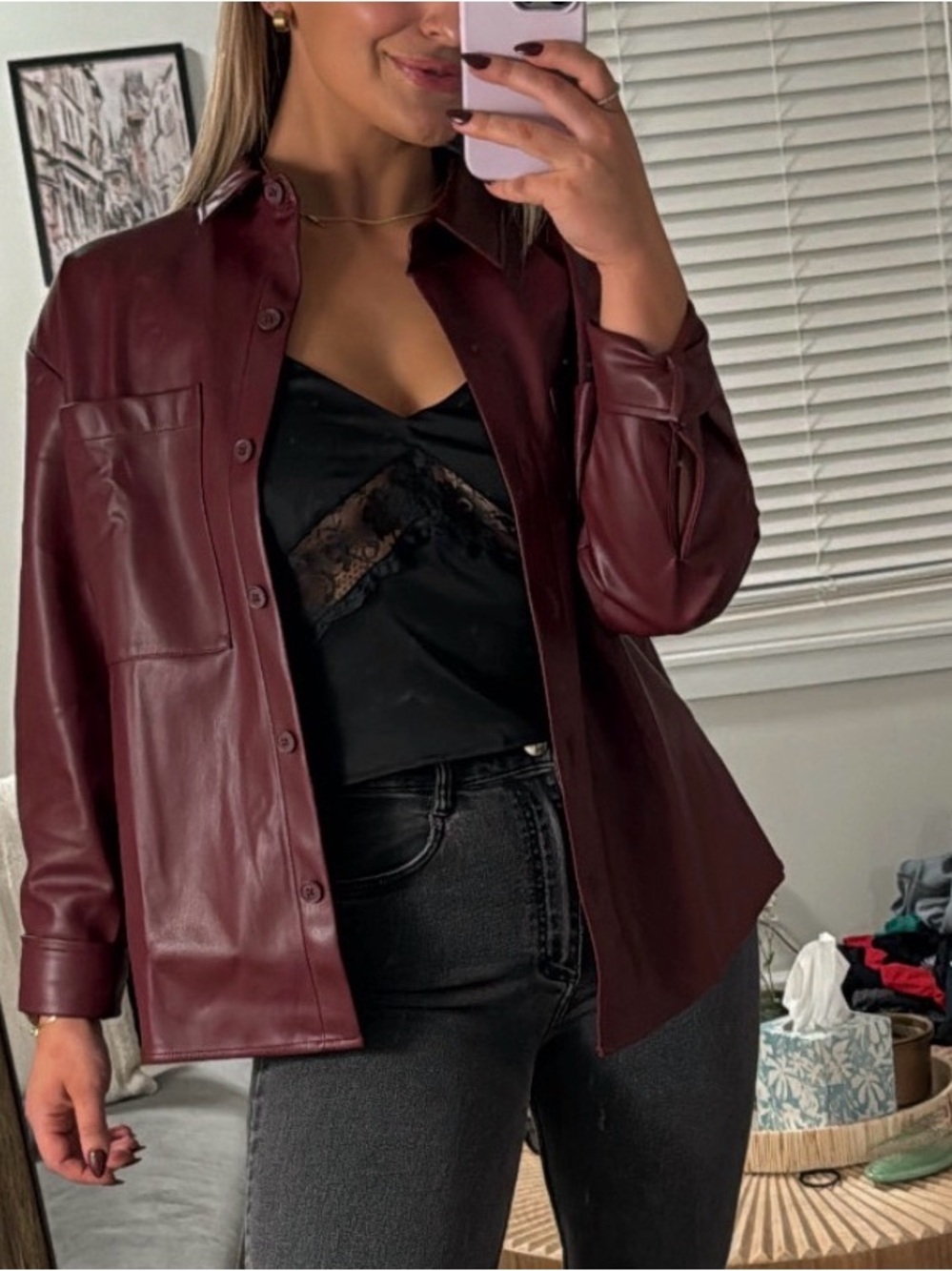 Women's Burgundy Faux Leather Shirt Jacket